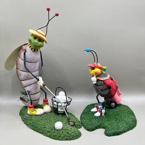 Vtg Whimsical Golfing Insect Couple Resin Figurines Grasshopper Ladybug Set of 2